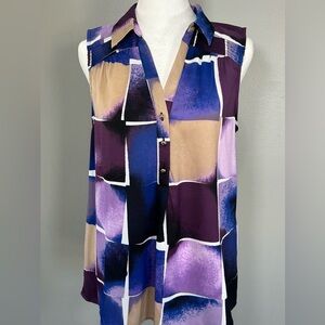 Dana Buchman Sleeveless V-Neck Blouse in Purple, Tan and Blue Geometric Print
